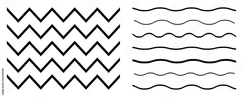 Poster wave line and wavy zigzag pattern. design of squiggly seamless water graphic, smooth end squiggly ho