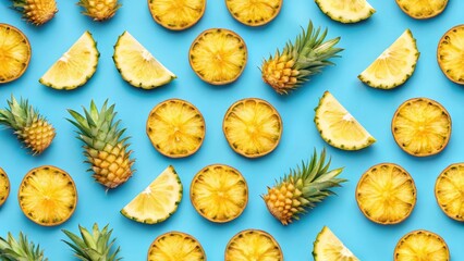 Seamless pineapple slices pattern on blue background , pattern repeat, kitchen decor