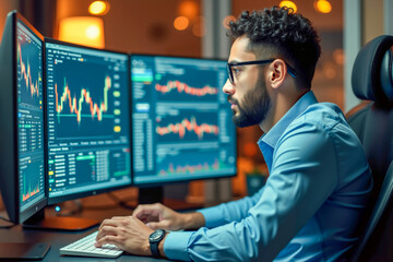 Man Working at Desk with Dual Monitors Setup