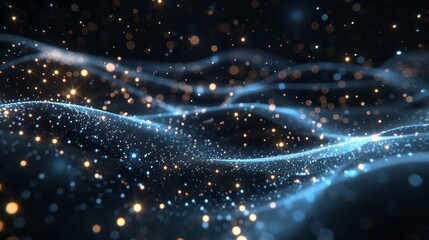 Blue and Gold Abstract Particles Wave Background, Digital Data Flow, Futuristic Connection