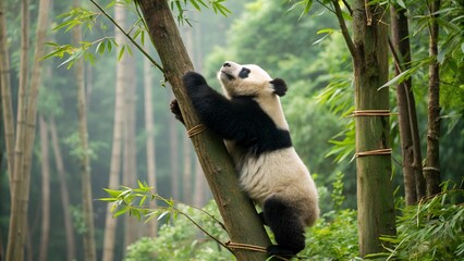 Obraz premium Playful Panda Climbing Tree: A Charming Moment of a Panda in Action, Skillfully Scaling a Tree in Its Natural Habitat.