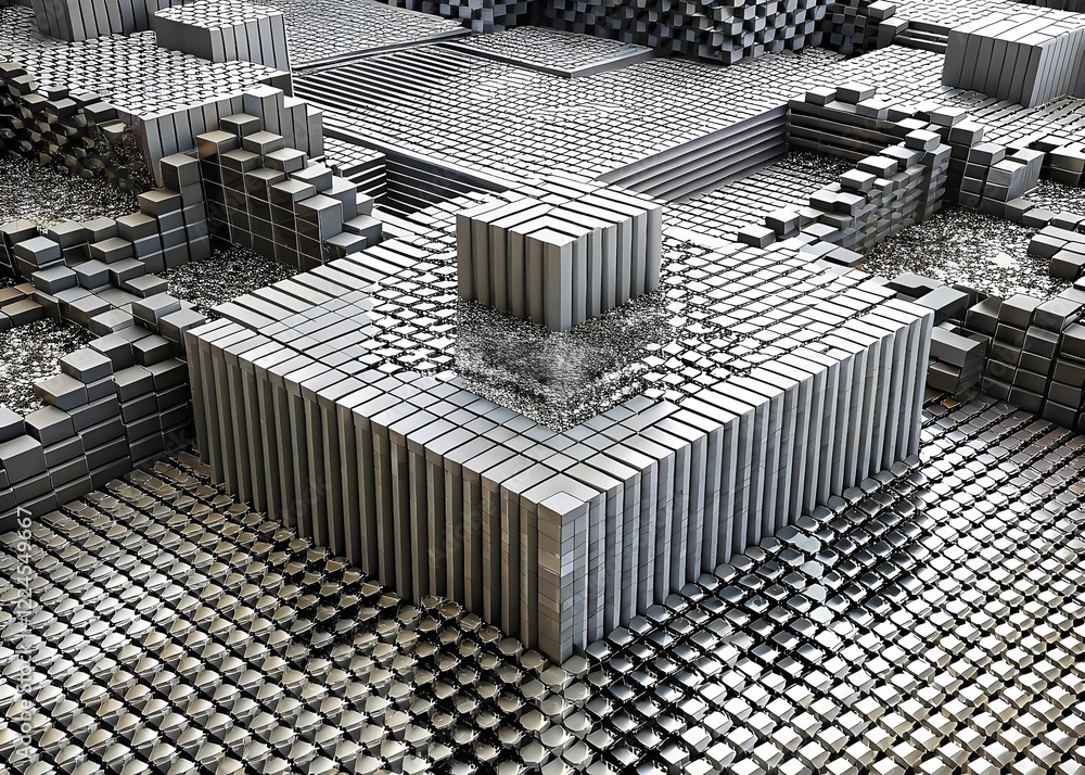 Poster intricate metallic structures shimmering geometric patterns in silver