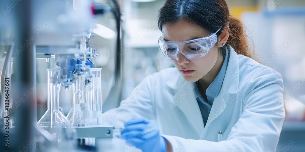 Poster a scientist in a lab exploring new materials for energy storage, showcasing ongoing research in inno