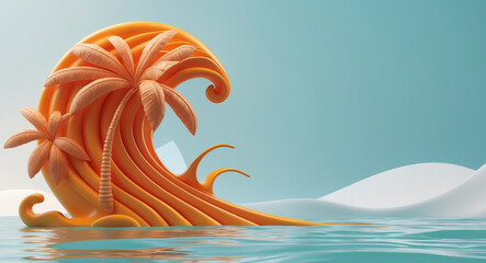 Obraz premium 3D Tropical Palm Tree and Abstract Ocean Waves in Gold 