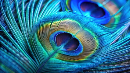 Obraz premium A close-up shot of a blue peacock feather with intricate patterns and colors, showcasing its unique texture and sheen , blue peacock feathers, wildlife
