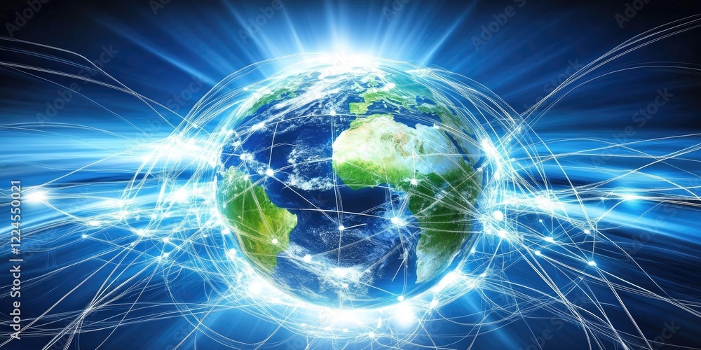 Poster a globe with interconnected communication lines, symbolizing the global reach and instant connection