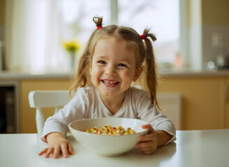 Little Girl Enjoys Breakfast Cereal at the Kitchen Table
