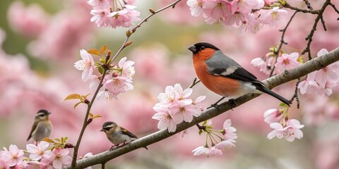 Fototapeta premium robin on a branch, photo of bird sitting on branch of cherry flowers