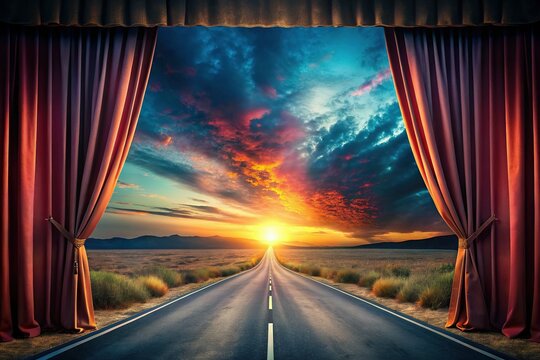 Surreal Cinema Road: Double Exposure of Open Curtain, Screen, and Endless Highway - Powered by Adobe