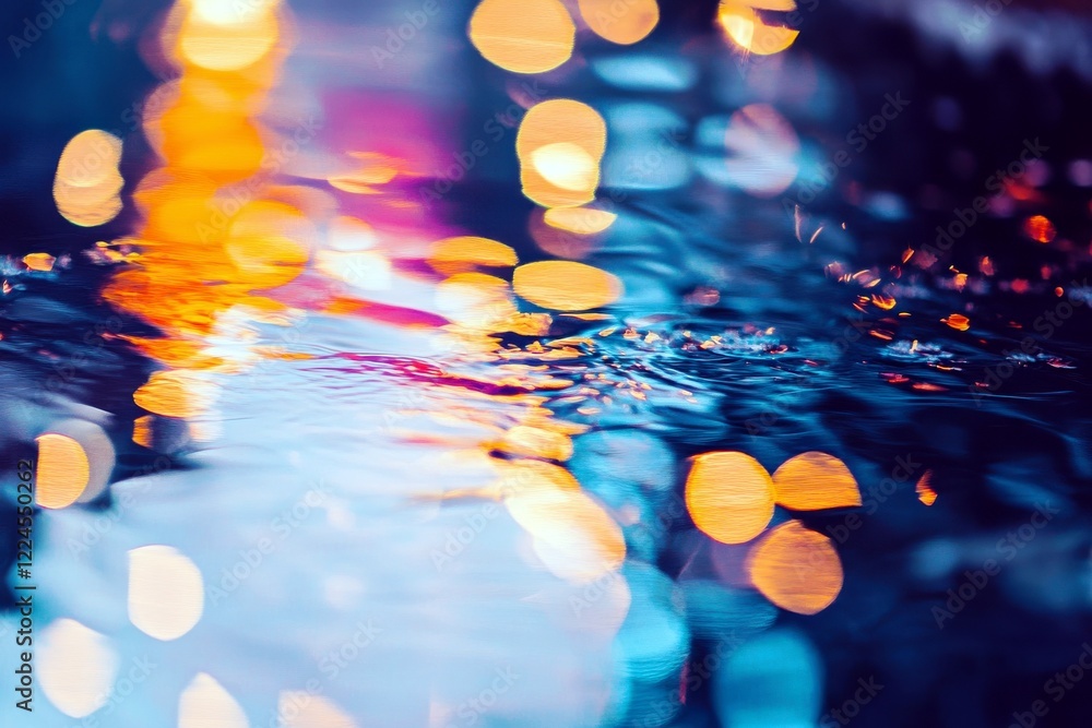 Poster abstract colorful bokeh reflections on water surface with bright shimmering lights and soft ripples 