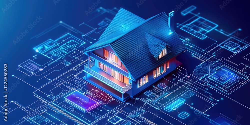 Poster a smart home with interconnected devices controlled by a smartphone, showcasing the integration of e