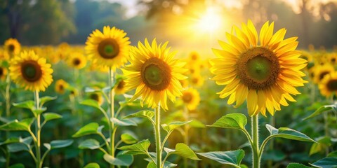 Fototapeta premium Tall sunflowers stand upright in a lush green field bathed in soft morning light, with gentle beams illuminating their bright yellow petals and delicate centers, sunlight, fields