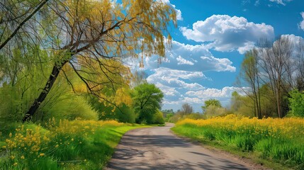 Fototapeta premium Beautiful nature with flowering willow branches and a road against the background of a blue sky with clouds and a blooming garden