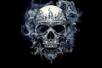 Intricate Skull Design with Ornate Patterns Surrounded by Mysterious Smoke on a Dark Background Perfect for Gothic or Horror Themes