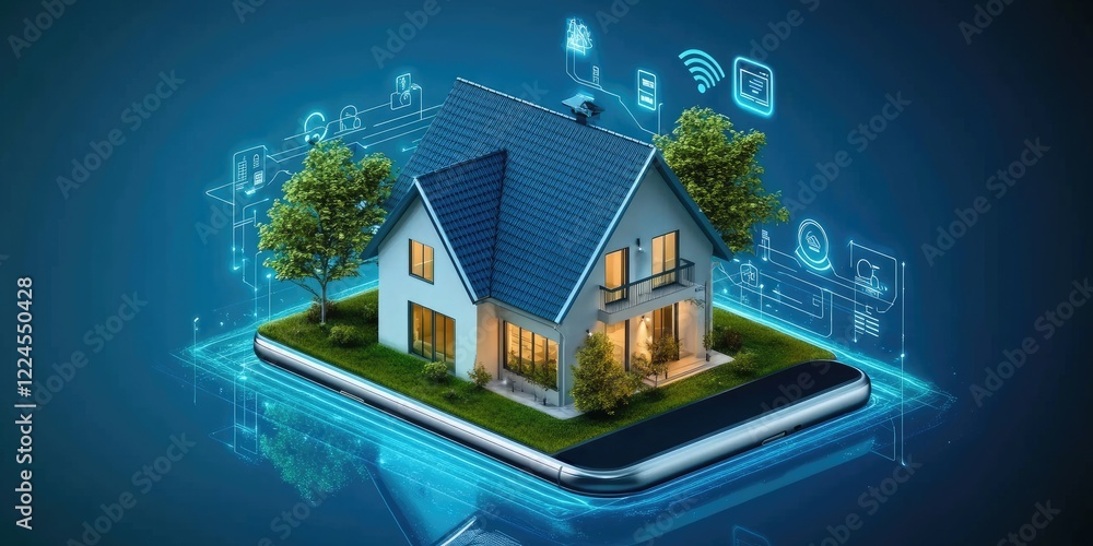 Poster A smart home with interconnected devices controlled by a smartphone, showcasing the integration of electric-powered smart technology