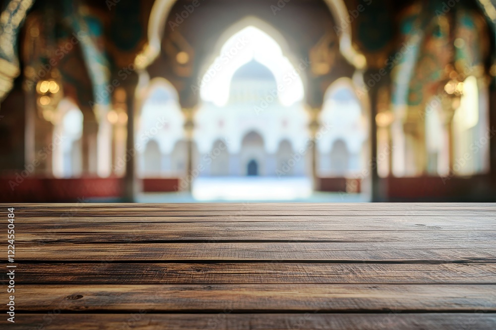 Poster wooden tabletop with blurred background of ornate architecture and archways in an elegant historical
