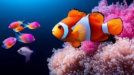 Vibrant Clownfish and Pink Coral in a Serene Underwater Scene