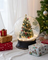 christmas tree and gifts, magic mood christmas tree with gifts inside a snow
