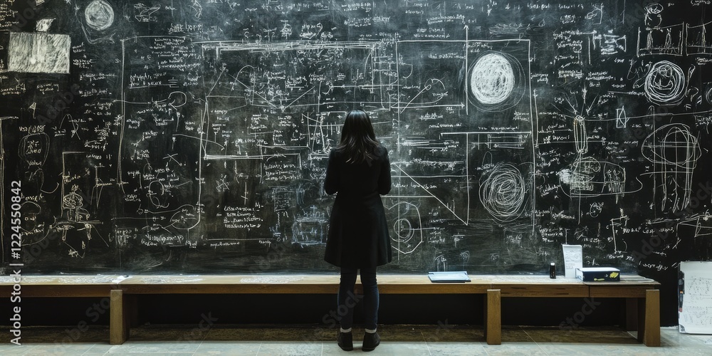Leinwandbilder a person standing at a chalkboard covered in equations and diagrams, depicting the process of formul