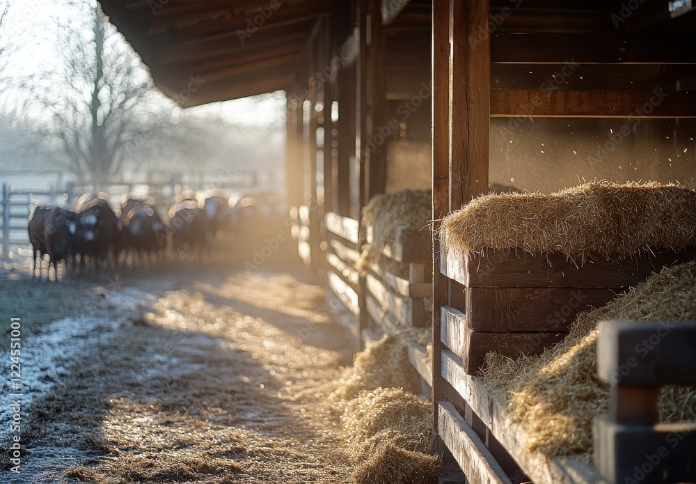 Poster sunlight filtering through a barn, illuminating fresh hay and cattle in a peaceful farm setting at d