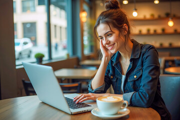 Focused Woman Working at Table with Laptop and Coffee Cup
