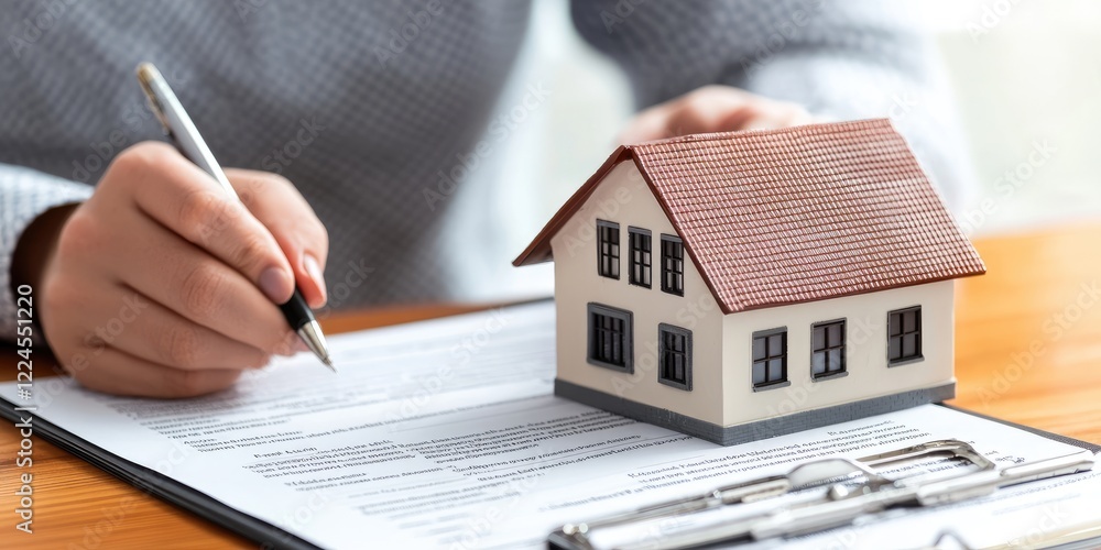 Poster a person with a policy document, understanding the terms and conditions of property insurance to ens