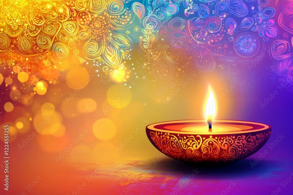 Poster glowing candle in decorative diya with colorful floral background and soft bokeh effects ideal for c