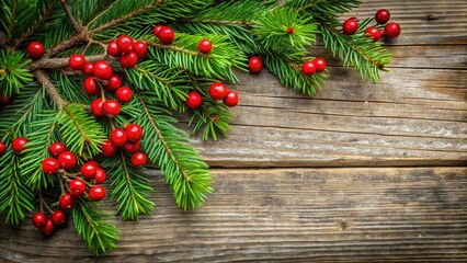 A lush evergreen branch with vibrant green foliage and ripe red berries against a weathered rustic wooden background, evoking a sense of winter wonderland magic , outdoors, seasonal