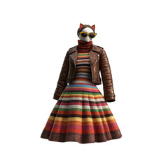 Obraz premium Stylish Woman's Rainbow Striped Knit Dress with Brown Leather Jacket and Cat-Ear Sunglasses