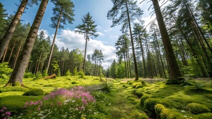 Fototapeta premium Dream Nature: A Serene and Magical Landscape of Lush Greenery, Flowing Rivers, and Tranquil Skies, Capturing Nature’s Peaceful Essence.