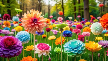Colorful paper flower field, garden inspiration, floral arrangement,  garden inspiration