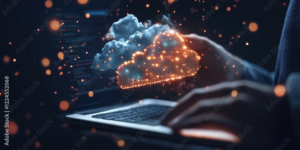 Poster man use laptop with cloud computing diagram show on hand. cloud technology. data storage. networking