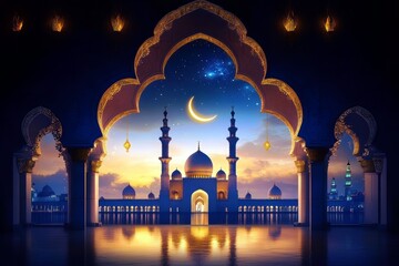 Majestic view of an ornate archway revealing a serene twilight scene with a glowing crescent moon over a grand mosque in a tranquil atmosphere