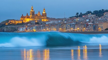 Fototapeta premium Majestic Wave Crashing at Dusk, Coastal Town with Church