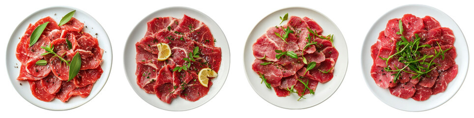 Fototapeta premium A plate of beef carpaccio, thinly sliced beef, isolated on white background. Mix Collection Png.