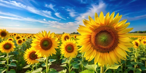 Large, bright yellow sunflowers in a field with green grass and blue sky, petals, outdoor,  petals, outdoor,sunflowers