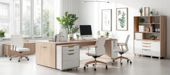Modern minimalist office with wooden desk, white chairs, and storage.