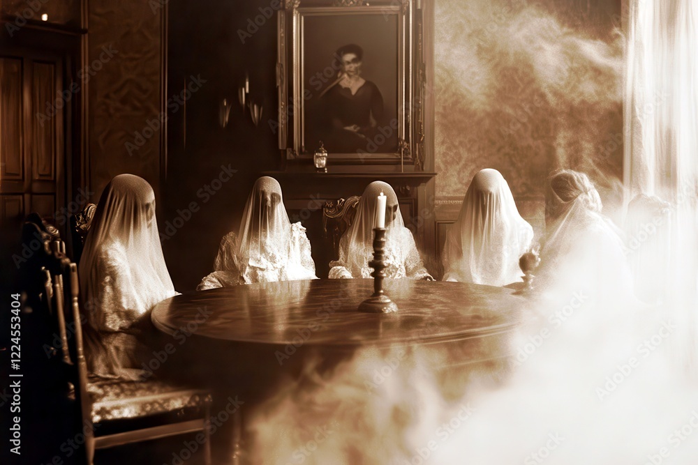 Poster mysterious gathering of ghostly figures in an eerie vintage setting surrounded by mist and shadows c