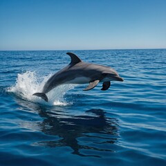 Fototapeta premium Create a vivid scene depicting a dolphin leaping gracefully out of the surface of a bright blue ocean.