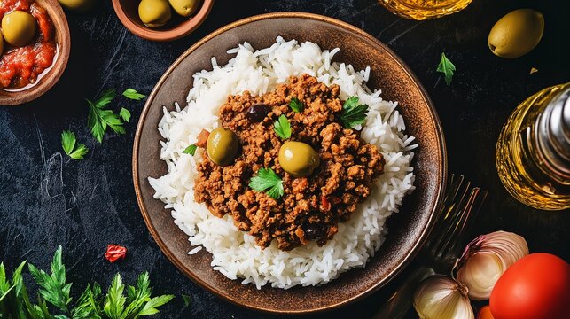 Traditional Cuban picadillo served with rice and olives.