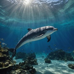 Obraz premium Create a vibrant and playful underwater scene featuring a dolphin with an expressive and curious look. 