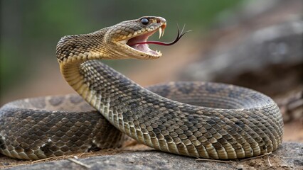 Obraz premium Terrifying Open Snake Mouth: A Close-Up of a Venomous Reptile in Action, Displaying Its Fangs and Raw Power.