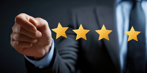 Customer evaluation feedback. men in suit Giving Positive Review for Client's Satisfaction Surveys. giving a five star rating. Service rating, satisfaction concept