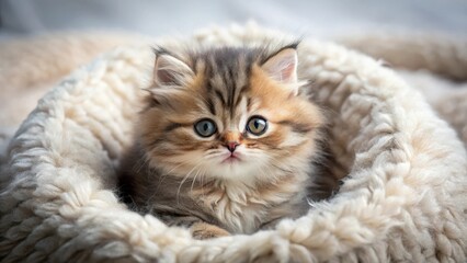 Obraz premium Adorable Persian kitten curled up in a ball on a soft blanket, ball, kitten, ball, kitten, animal