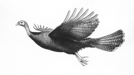 Wild Turkey in Flight, Black and White Illustration