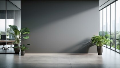 Modern empty grey wall in a spacious office interior with plants and large windows. 3D Rendering 