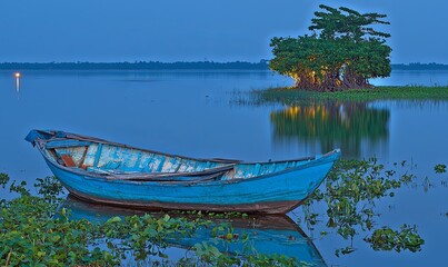 Obraz premium Blue boat moored on a calm lake at dusk, illuminated tree in background, serene scene ideal for travel or nature projects