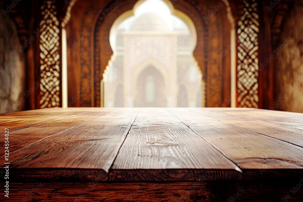 Poster intricate architecture surrounding a wooden table with detailed patterns in a historic building sett