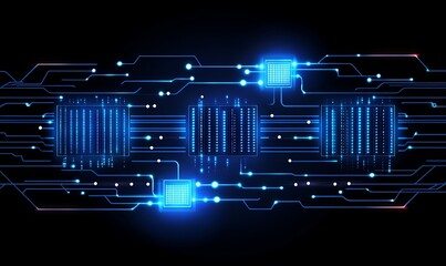 Blue circuit board data flow on dark background