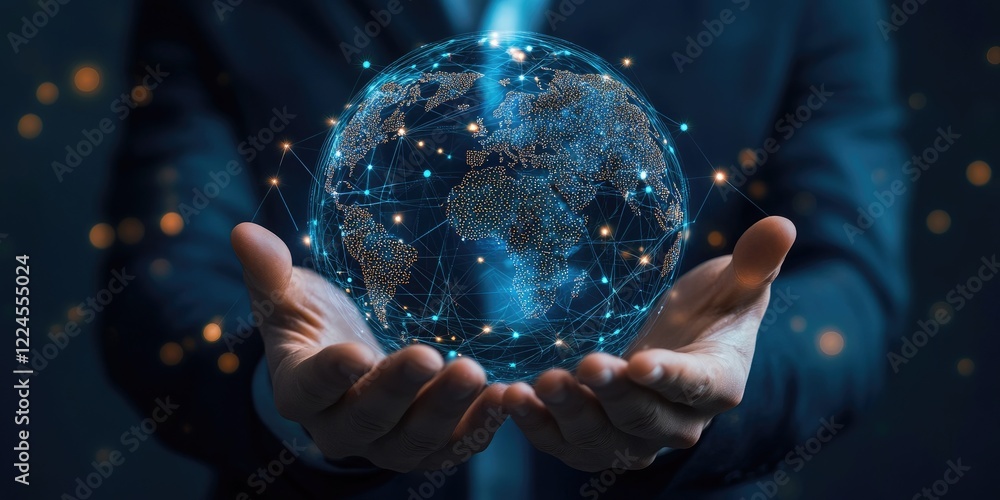 Fototapete businessman holding global network connection. big data analytics and business intelligence concept.